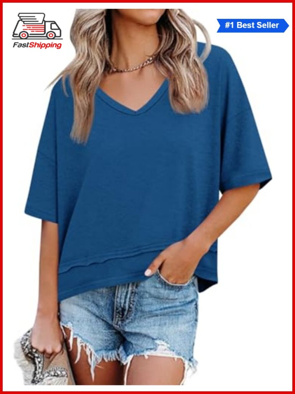 Womens V Neck Short Sleeve Loose Fit Casual Summer T Shirt Top